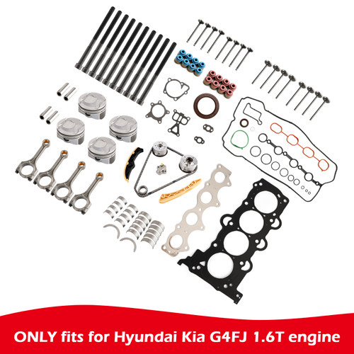 2012-on Hyundai Accent Verna Elantra i30 Lafesta Kona Mistra Sonata Tucson Veloster 1.6T Engine Piston Gasket Valve Bearing Timing Kit w/ Rods G4FJ Generic