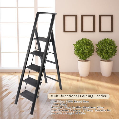 Multi functional Folding Ladder 5 Step Ladder for Home Kitchen Office White