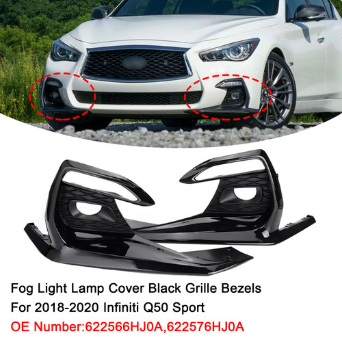 2018-2020 Infiniti Q50 Sport Bumper Fog Light Lamp Cover Black Grille Bezels Generic
