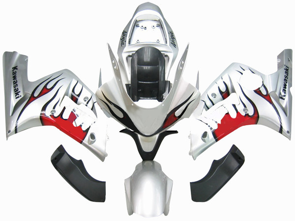 2003-2004 Kawasaki ZX6R 636 Amotopart Fairings Silver & Red Flame Ninja Racing 2003-2004 Kawasaki ZX6R 636 Amotopart Fairings Silver & Red Flame Ninja Racing