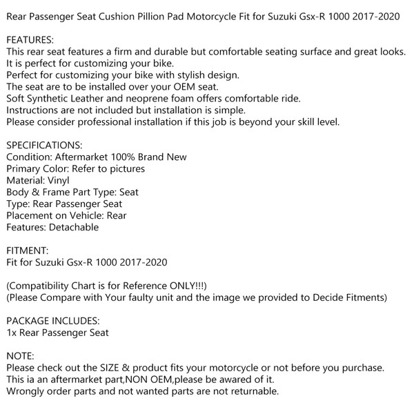 Rear Passenger Seat Black Cushion Fit For Suzuki Gsx-R Gsx R 1000 2017-2020 Rear Passenger Seat Black Cushion Fit For Suzuki Gsx-R Gsx R 1000 2017-2020