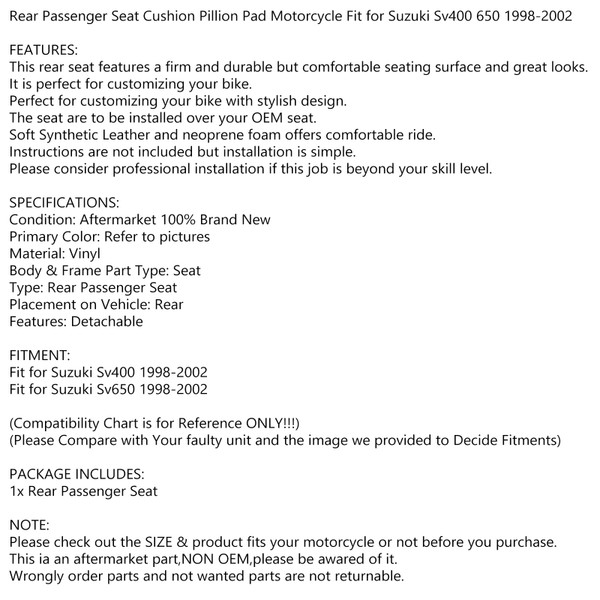 Rear Passenger Seat Black Cushion Fit For Suzuki Sv400 650 1998-2002 99 00 01 Rear Passenger Seat Black Cushion Fit For Suzuki Sv400 650 1998-2002 99 00 01