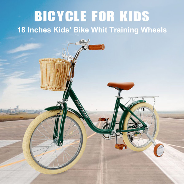 18 inch Kids Bike Child Bicycle For Ages 7-9 Years Boys and Girls Youth bike with Training Wheels Basket Green