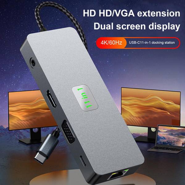 11 in 1 TYPE-C to RJ45 Gigabit USB3.0 HDMI VGA Audio USB-C data SD/TF PD100W 11 in 1 TYPE-C to RJ45 Gigabit USB3.0 HDMI VGA Audio USB-C data SD/TF PD100W