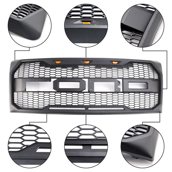 2009-2014 Ford F150 Raptor Style Front Bumper Grille Grill With LED Black