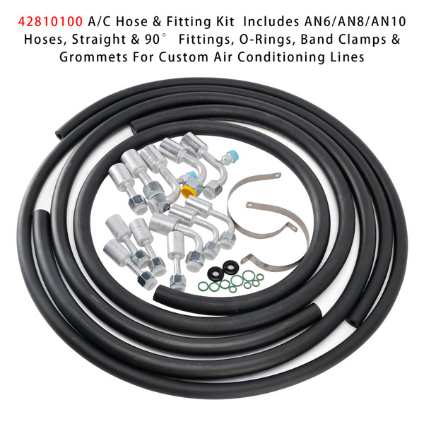 42810100 A/C Hose & Fitting Kit AN6/AN8/AN10 Hoses, Straight & 90¡ã Fittings, O-Rings, Band Clamps & Grommets For Custom Air Conditioning Lines