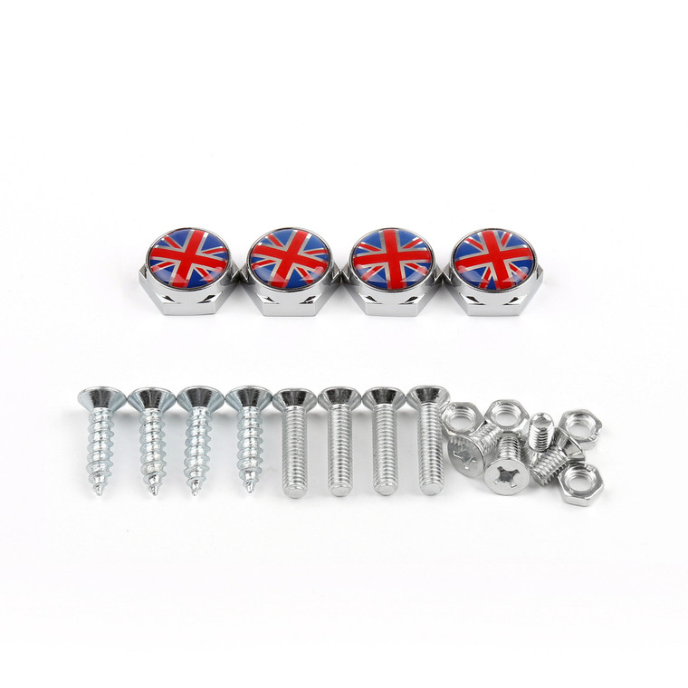 Union Jack Chrome Metal License Plate Frame Screw Bolt Cap Mini Cooper, Red Blue