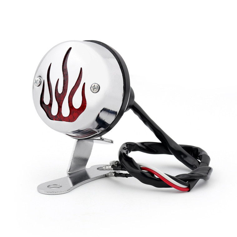 Fire Rear Taillight Brake Red Flame Light For Harley Cafe Racer Bobber, Chrome
