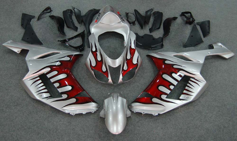 2007-2008 Kawasaki ZX6R 636 Amotopart Fairings Silver & Red Flame ZX6R Racing