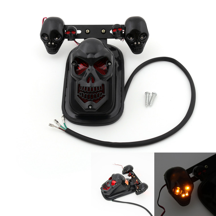 Skull Tail Light Rear Indicators Turn Signals License Tag Bracket Set Harley Davidson, Black, Amber LED Indicators