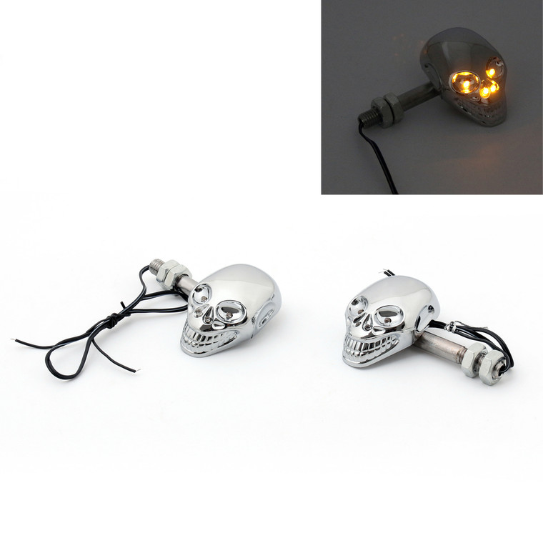 Skull Skeleton Head LED Indicators Turn Signals Universal Fit Custom Chopper, Chrome