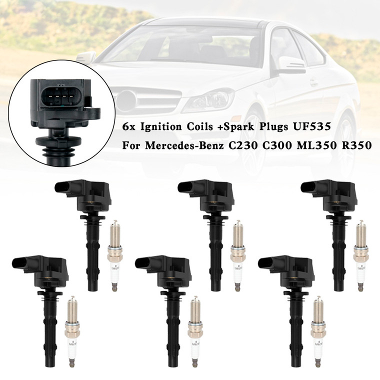 Ignition Coils + Spark Plugs Set UF535 for Mercedes-Benz C230 C300 ML350 R350 (6-Pack)