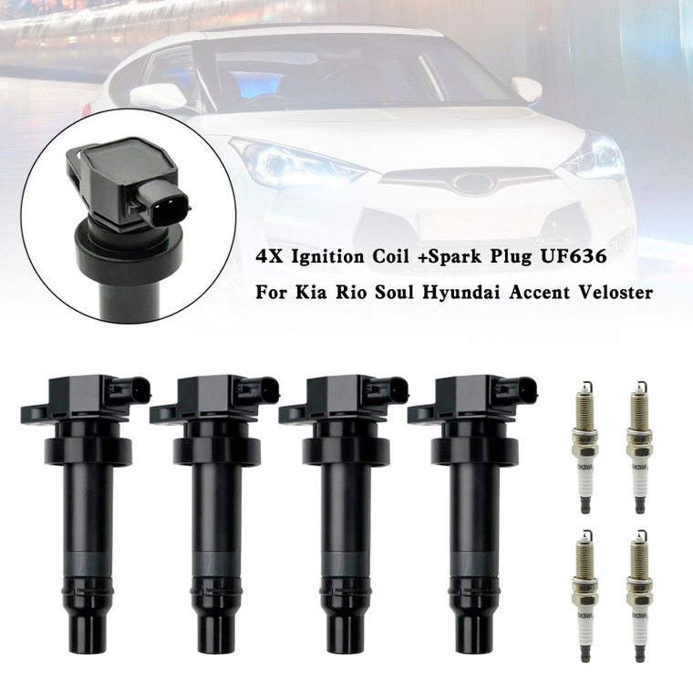 Ignition Coil + Spark Plug Set UF636 for Kia Rio Soul Hyundai Accent Veloster (4-Pack)