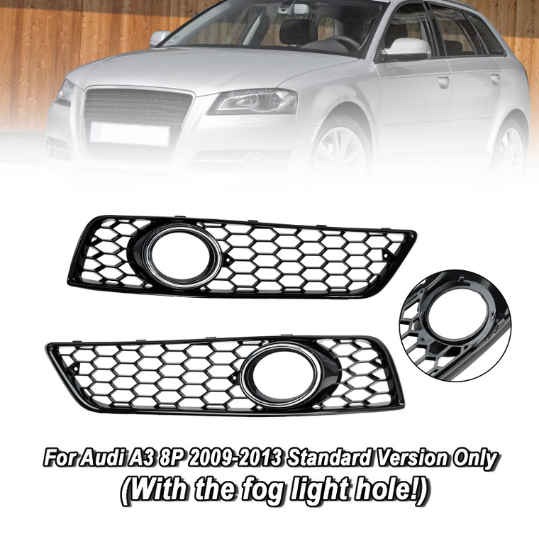 2009-2013 Audi A3 8P Honeycomb Bumper Front Fog Light Grille Cover Gloss Black Chorme 8P0807681D Generic