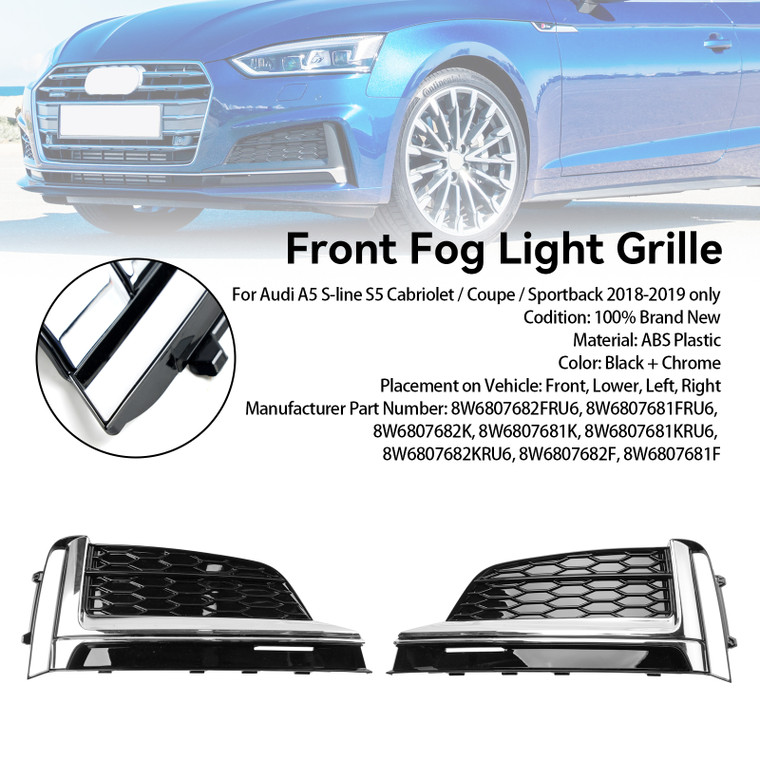 2018-2019 Audi S5 A5 S-Line Cabriolet / Coupe / Sportback 2PCS Front Bumper Fog Light Grille Cover Trim 8W6807682FRU6 Generic