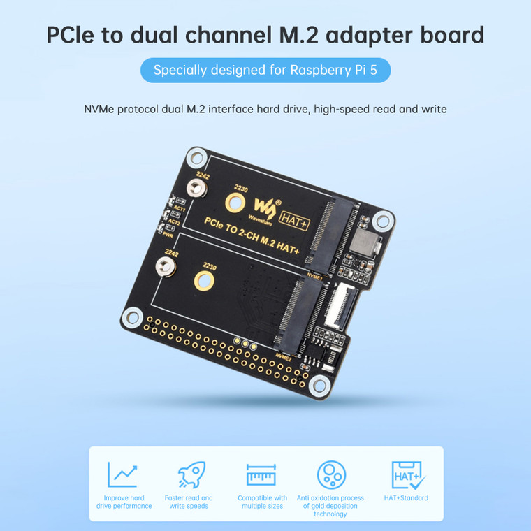 Raspberry Pi 5th Generation PCIe to Dual-Channel M.2 Adapter Board Nvme Protocol