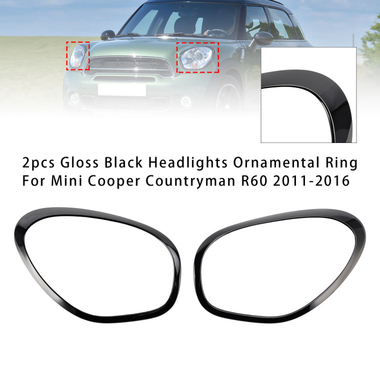 2011-2016 Mini Cooper Countryman R60 2pcs Gloss Black Headlights Ornamental Ring Generic