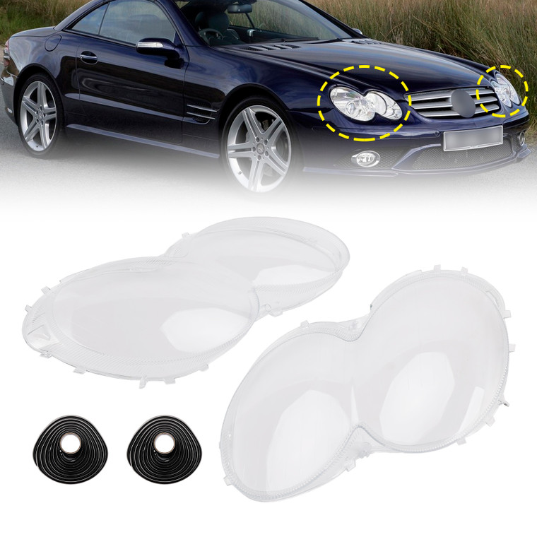 2003-2008 Mercedes Benz W230/R230 SL500 SL600 2Pcs Headlight Shell Lens Cover+Glue Generic