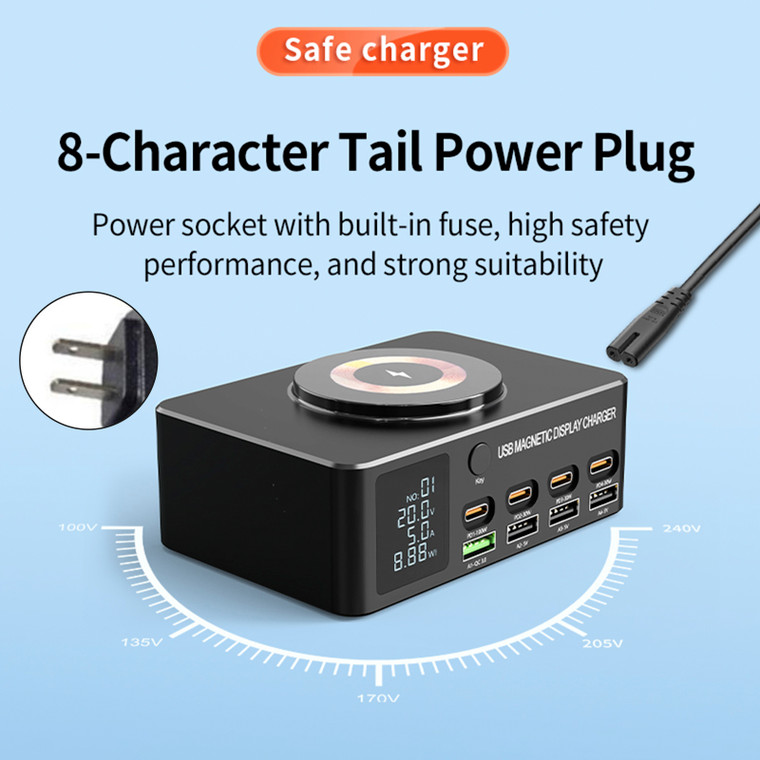 140W Fast Charging Charger Intelligent Digital Display PD100W Mobile Phone Notebook Magnetic Wireless Charging Multi-Port USB Charger US Plug