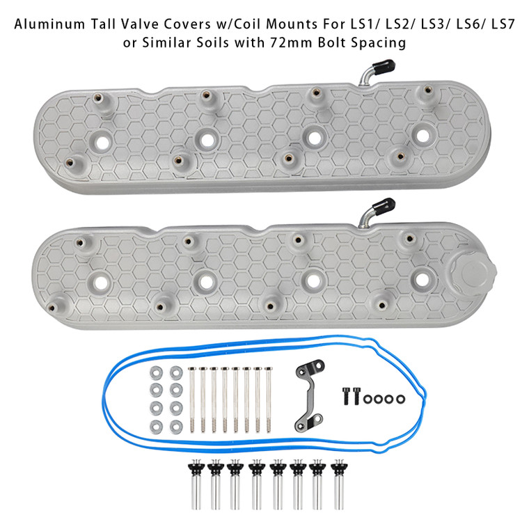 Aluminum Tall Valve Covers w/Coil Mounts For LS1/ LS2/ LS3/ LS6/ LS7 or Similar Soils with 72mm Bolt Spacing