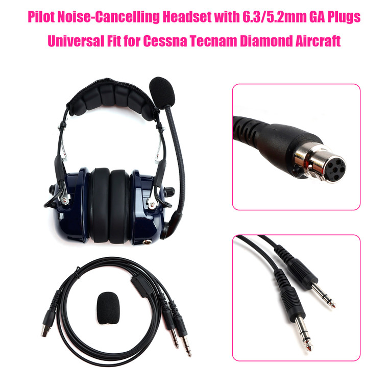 Pilot Noise-Cancelling Headset with 6.3/5.2mm GA Plugs Universal for Aircraft