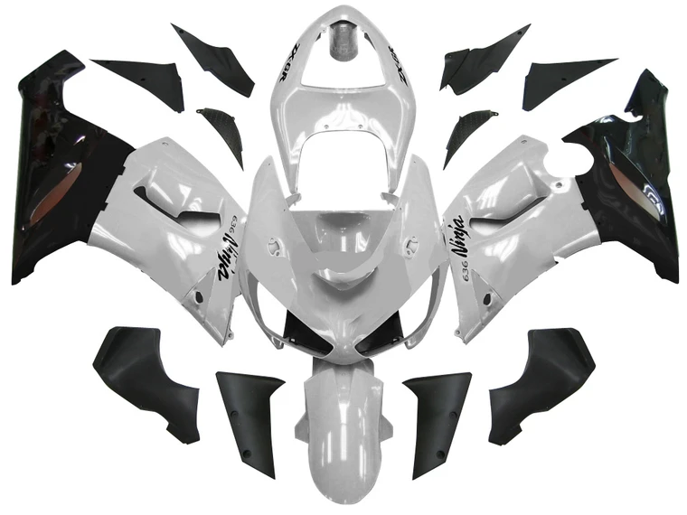 Fairings Kawasaki ZX6R 636 Silver Black Ninja Racing  (2005-2006)