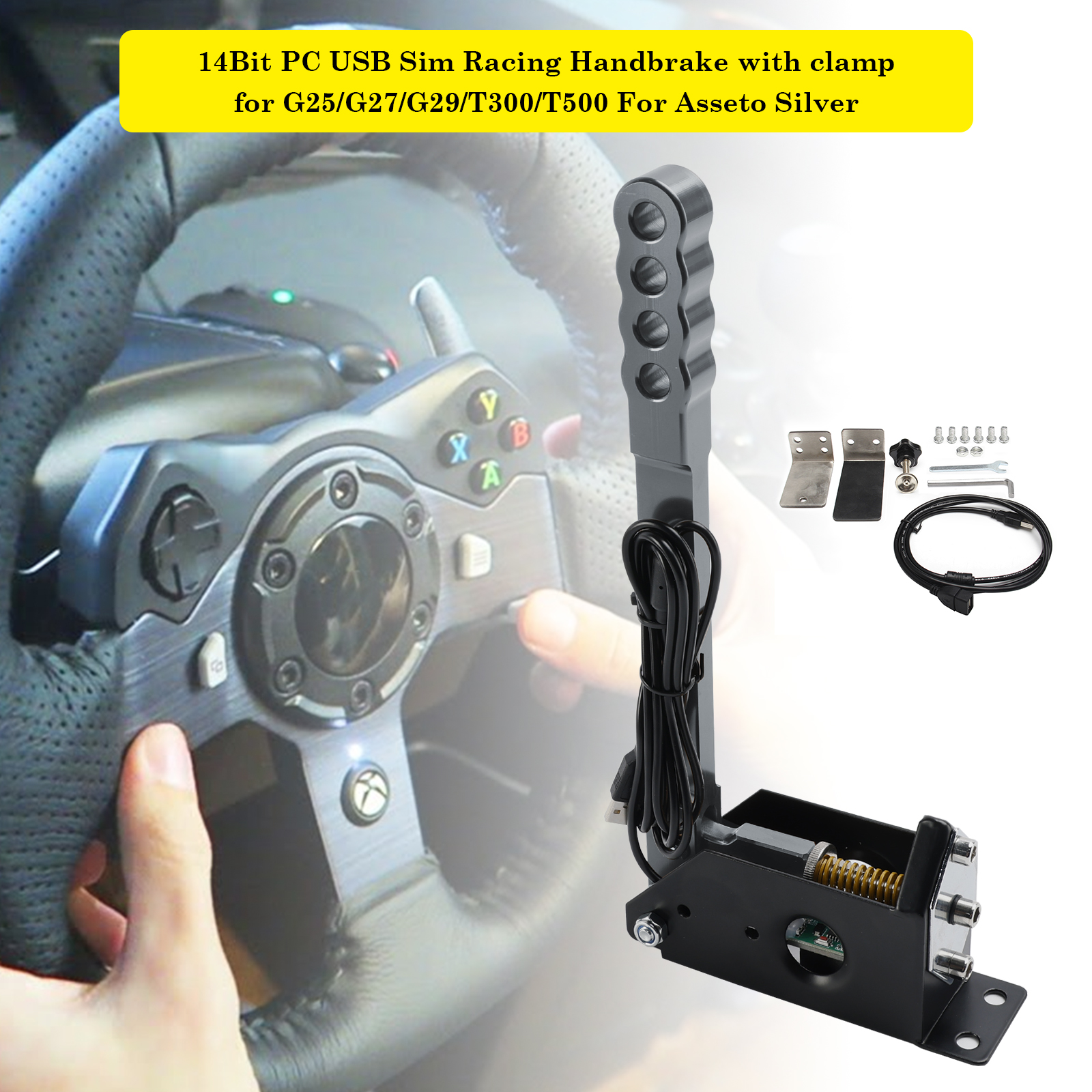 14Bit PC USB Sim Racing Handbrake w clamp Silver for G25/G27/G29/T300/T500 For Asseto