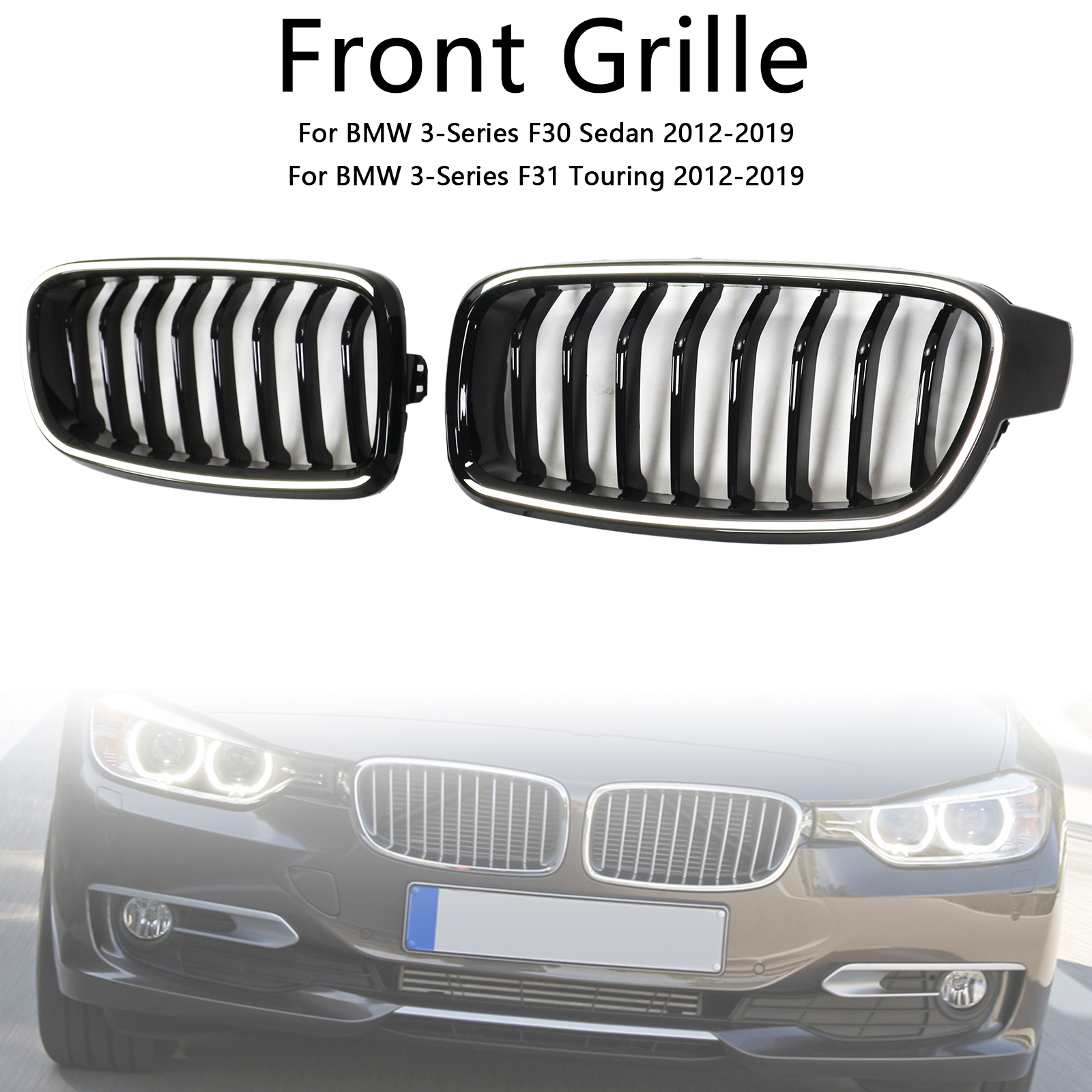 2012-2019 BMW 3-Series F30 F31 F35 Pair Front Grille With LED Light Gloss Black Generic