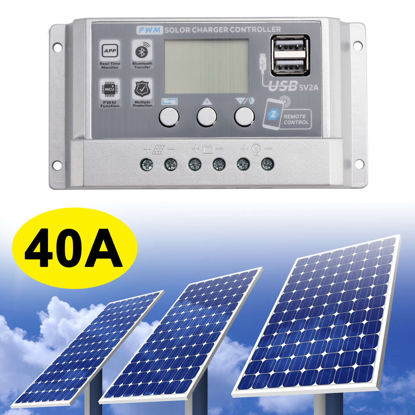 40A PWM Solar Controller Mobile APP Intelligent Control 12V24V Solar Controller Display Current Solar Street Light Controller 0V Start