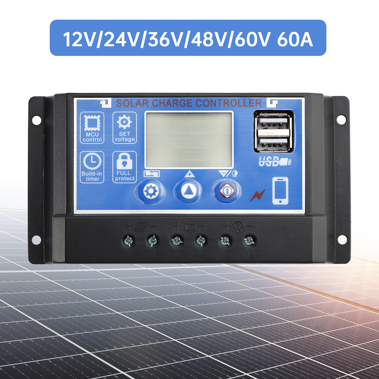 60A PWM Solar Controller Mobile APP Intelligent Control 12V/24V/36V/48V/60V Solar Controller Display Current Solar Street Light Controller 0V Start