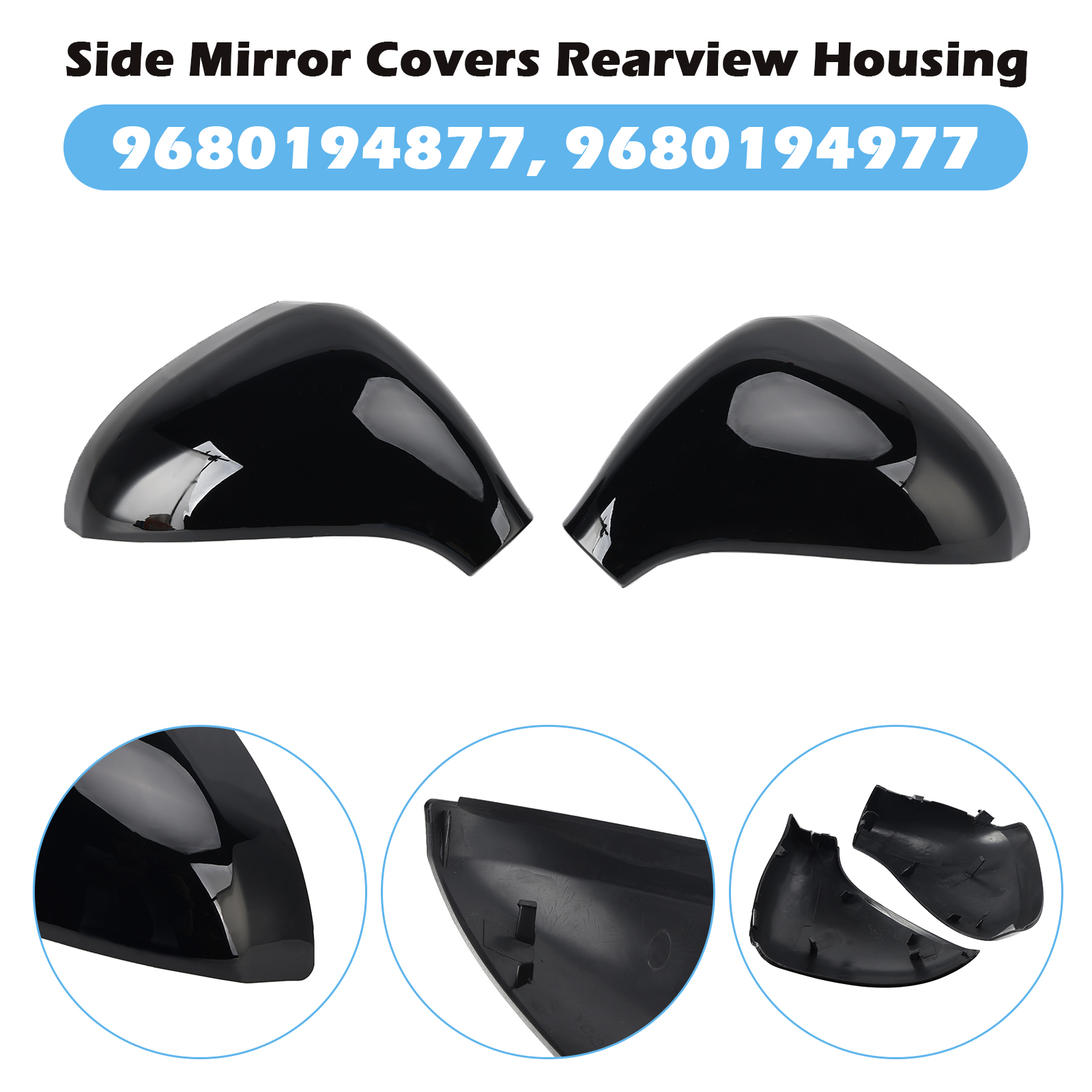 2006-2015 Peugeot 207 Hatchback Estate & Van Side Mirror Covers Rearview Housing Bright Black Generic