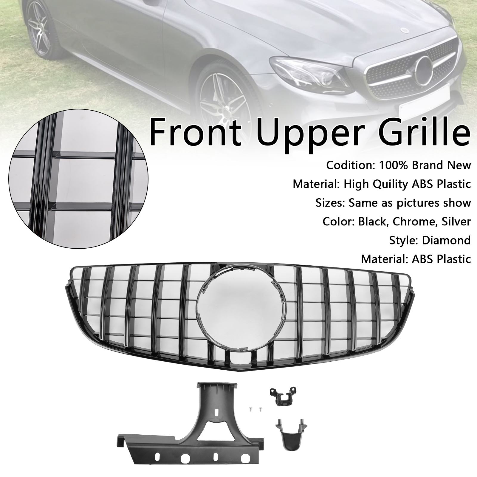 Mercedes Benz E-Class Front Upper Grille With Camera Hole Black Generic Mercedes Benz E-Class Front Upper Grille With Camera Hole Black Generic