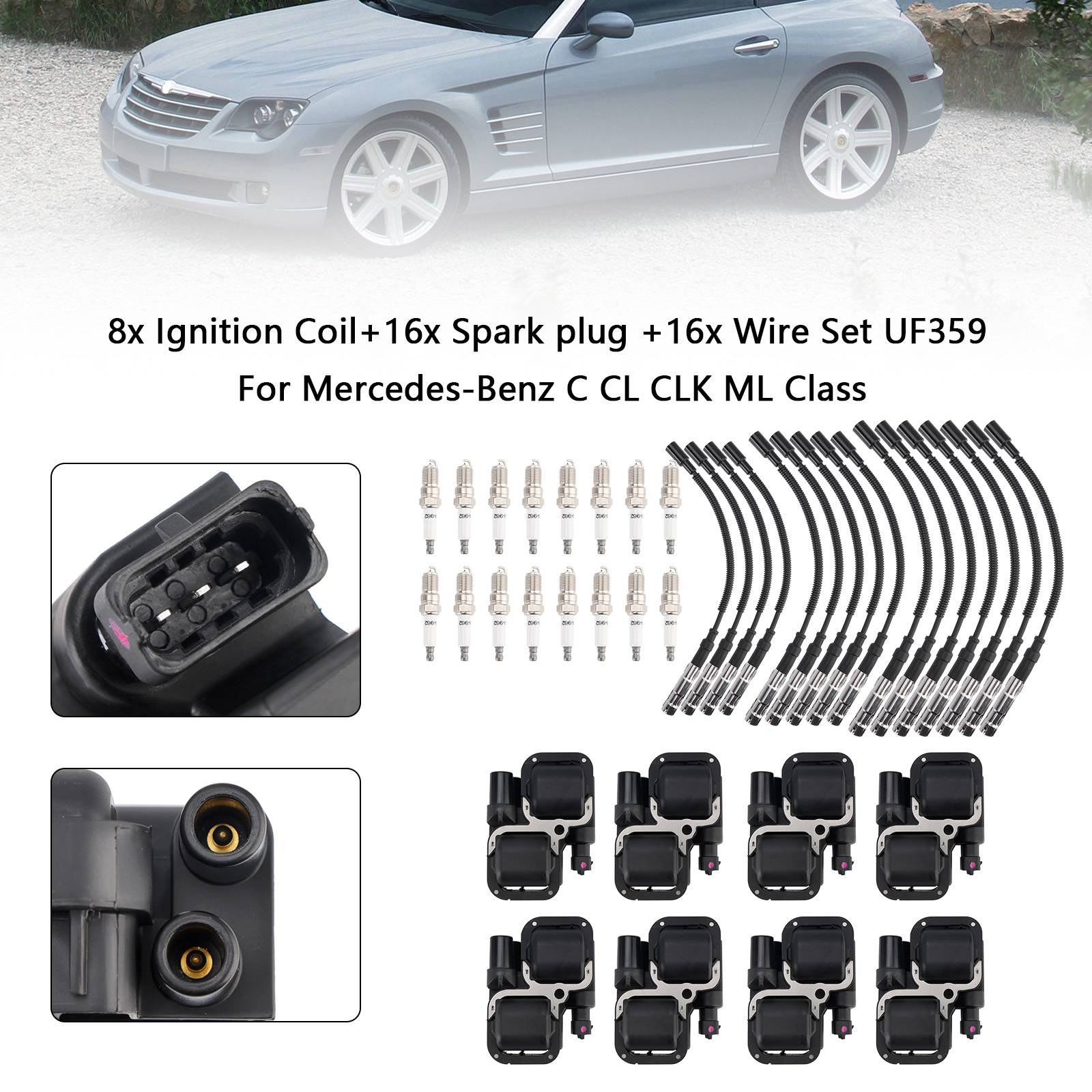 1998-2011 Mercedes-Benz C CL CLK ML Class 8x Ignition Coil+16x Spark plug +16x Wire Set UF359 Generic