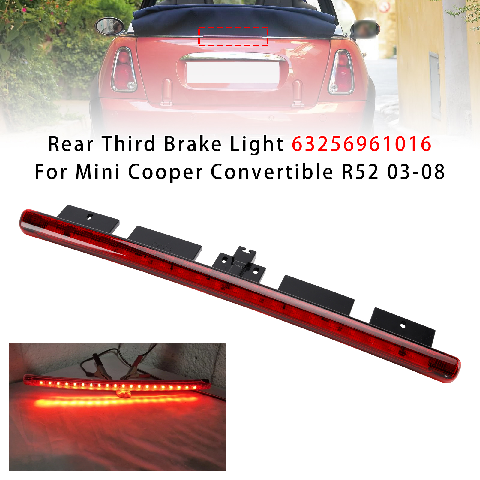 2003-2008 Mini Cooper Convertible(R52) Rear Third Brake Light 63256961016 Red Generic 2003-2008 Mini Cooper Convertible(R52) Rear Third Brake Light 63256961016 Red Generic