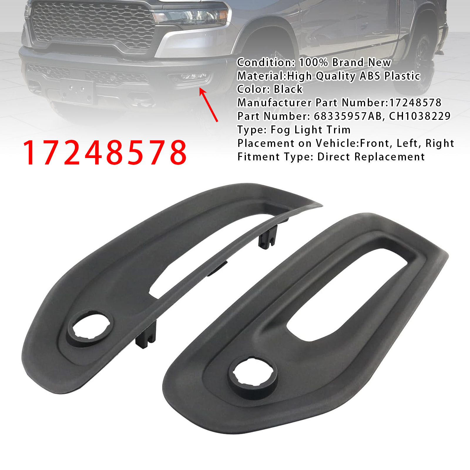 2019-2021 Ram 1500 Pair Fog Light Trim Driving Lamp Frame Black Generic 2019-2021 Ram 1500 Pair Fog Light Trim Driving Lamp Frame Black Generic
