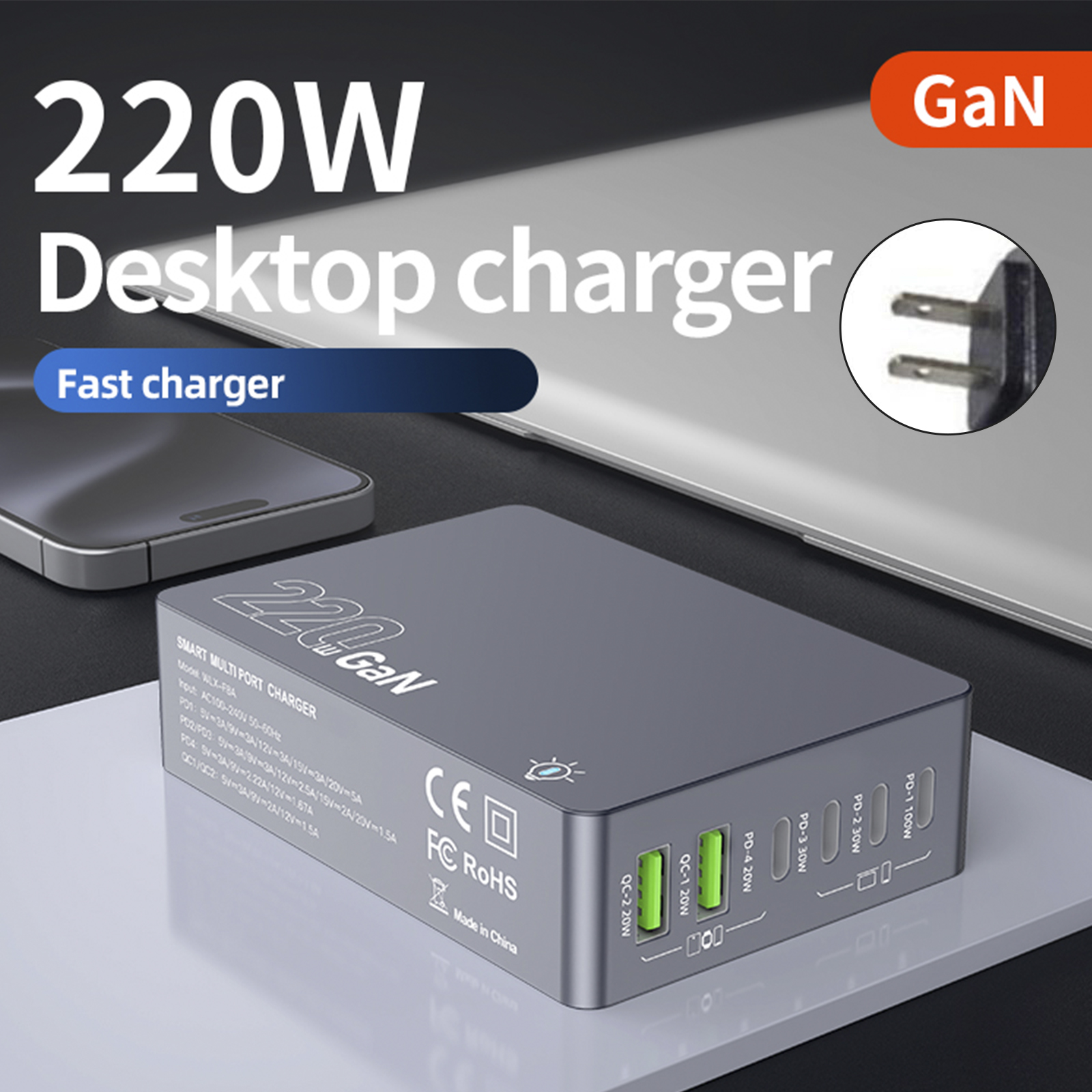 F8A Desktop Charging Station USB 6-Port Fast Charger PD100W Charging Stand Smart Charger US Plug