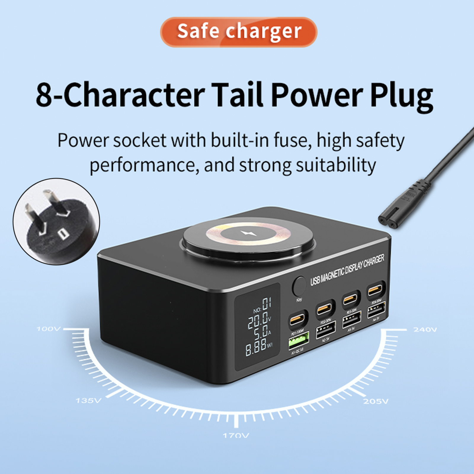 140W Fast Charging Charger Intelligent Digital Display PD100W Mobile Phone Notebook Magnetic Wireless Charging Multi-Port USB Charger AU Plug
