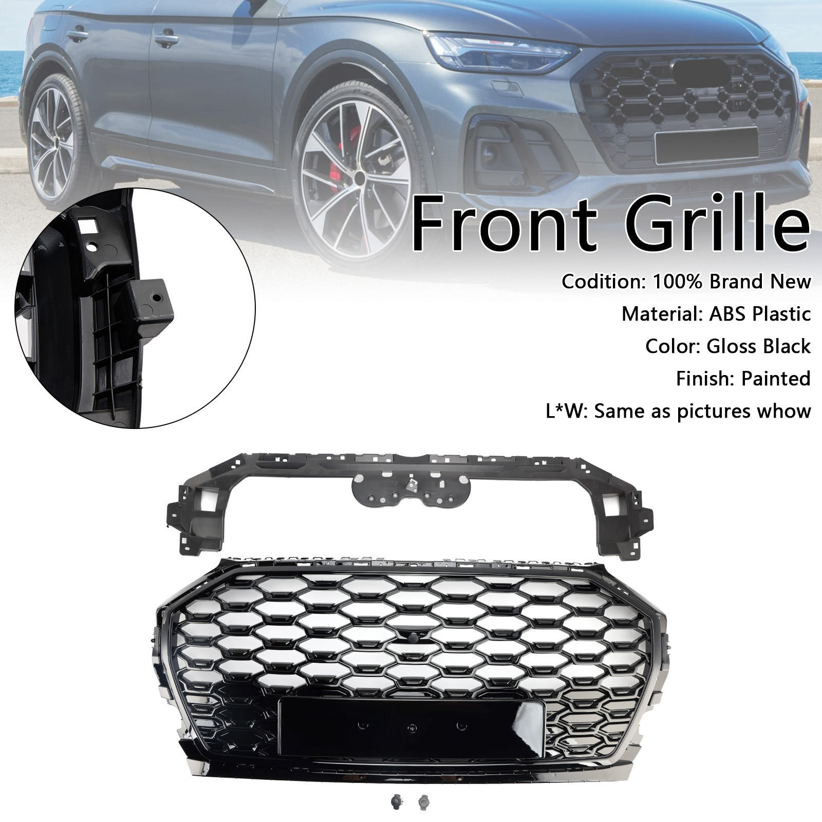 2021-2025 Audi Q5 SQ5 RSQ5 Style Front Honeycomb Mesh Grille Gloss Black Generic