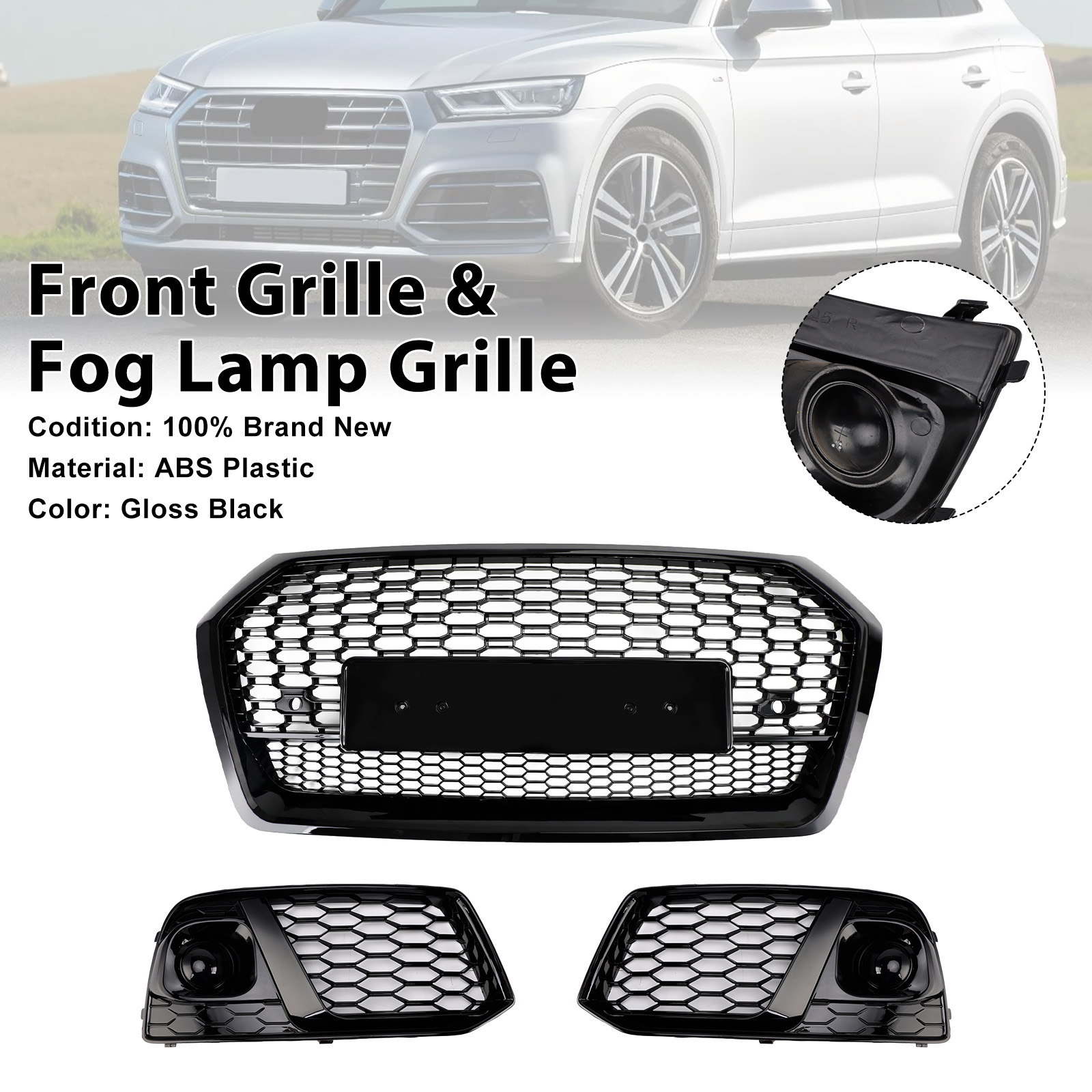2018-2019 Audi Q5 SQ5 Front Honeycomb Mesh Grill+Fog Lamp Grille Gloss Black Generic