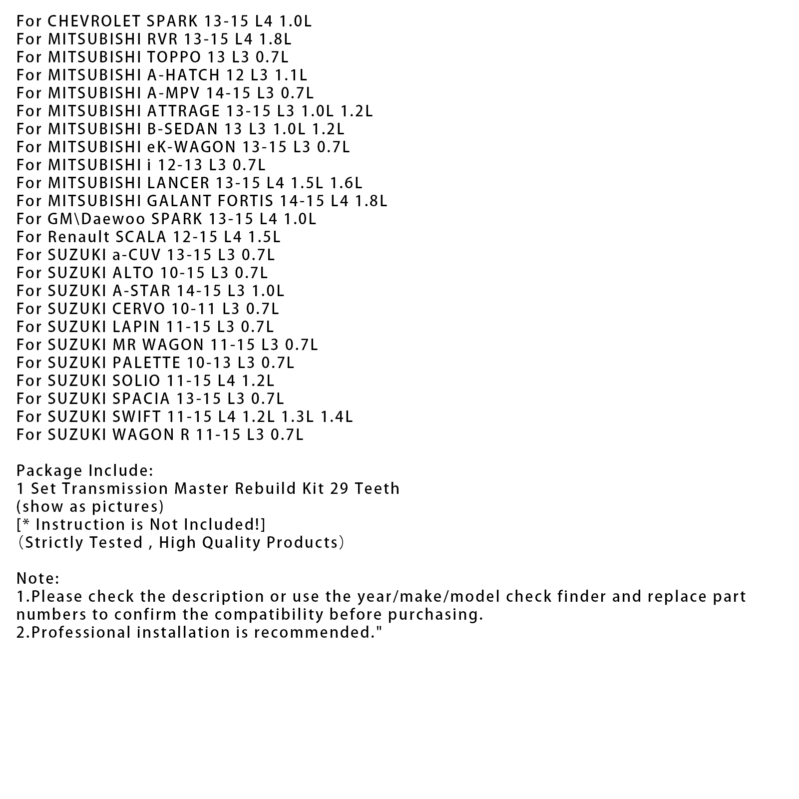 2010-2015 SUZUKI Transmission Master Rebuild Kit & Pulley Set W/ Belt JF015E RE0F11A Generic