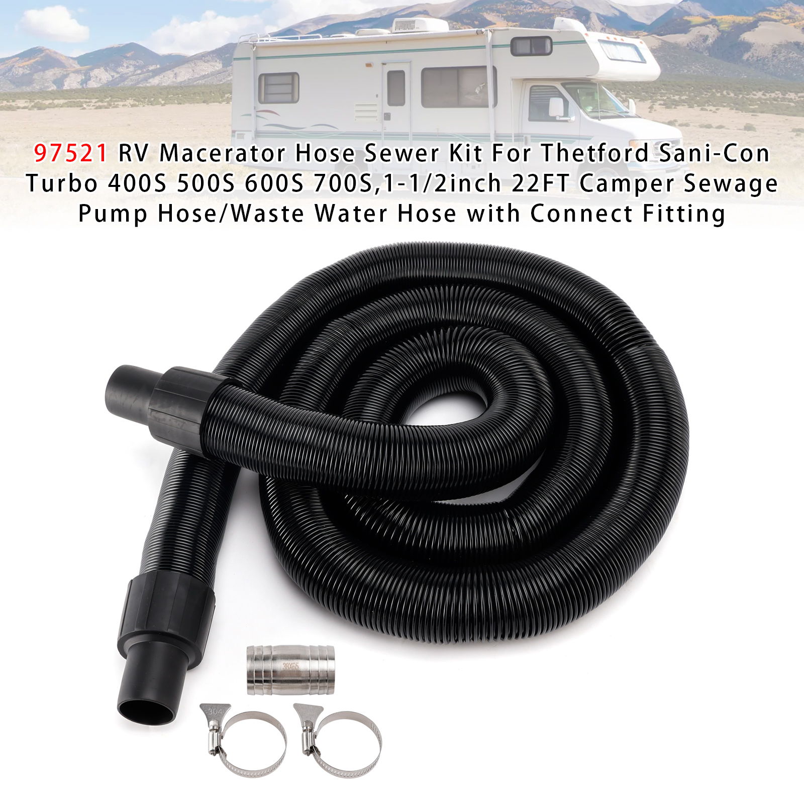97521 RV Macerator Hose Sewer Kit For Thetford Sani-Con Turbo 400S 500S 600S 700S,1-1/2inch 22FT