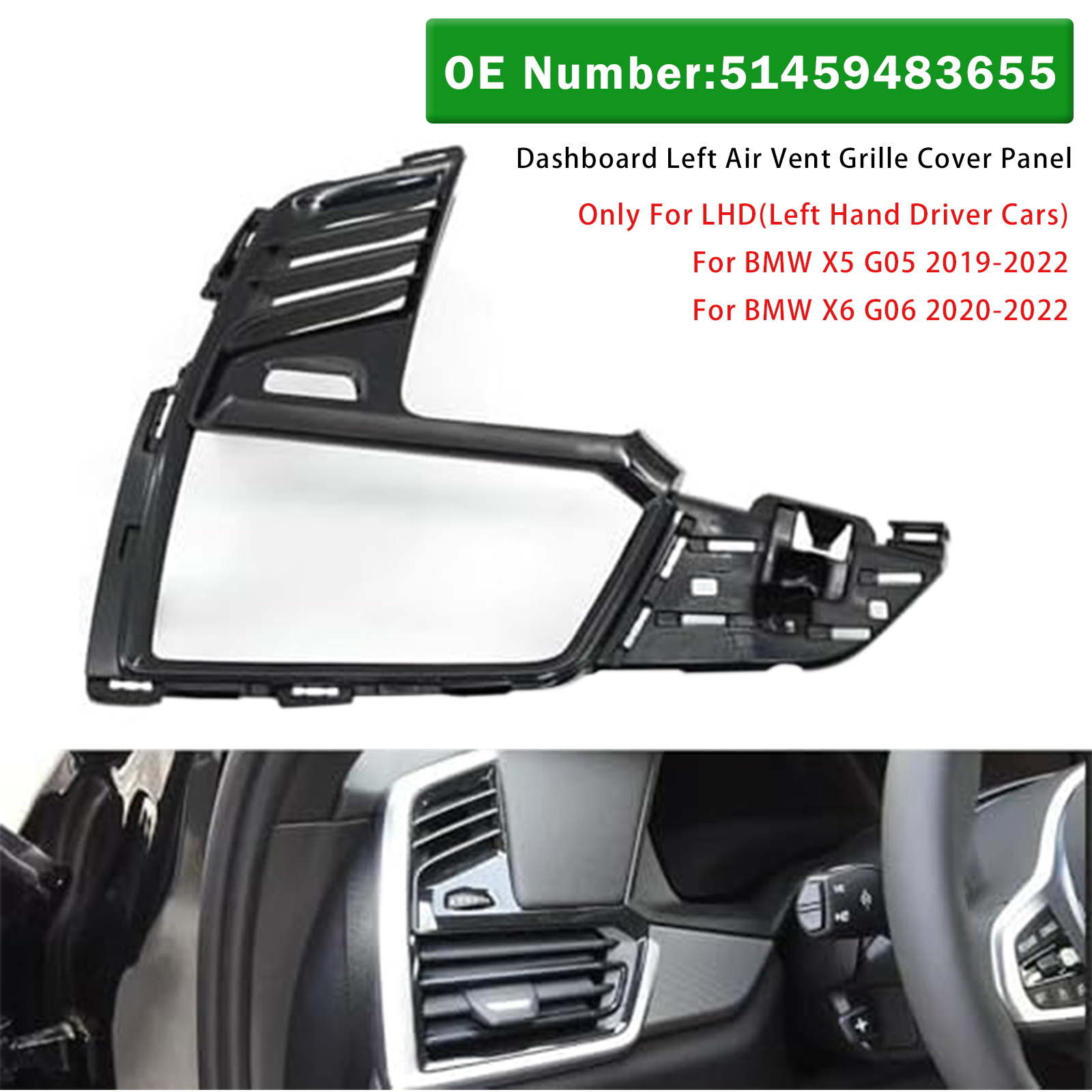 2019-2022 BMW X5 G05 X6 G06 Dashboard Left Air Vent Grille Cover Panel 51459483655 Generic