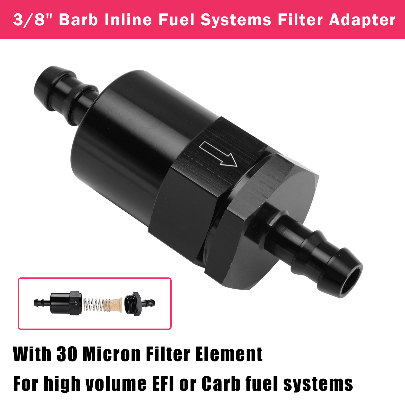 Black Inline EFI Fuel Systems Filter Adapter 3/8" Barb With 30 Micron Filter Element