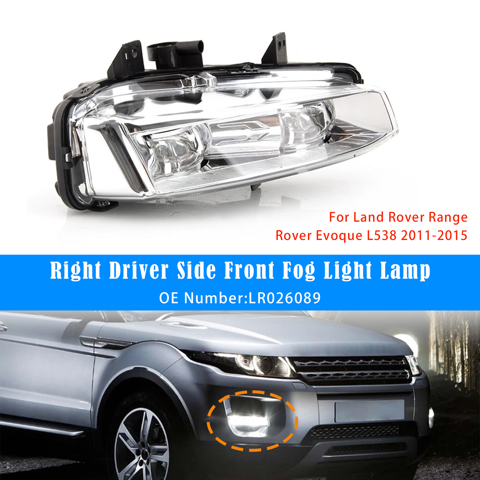 2011-2015 Land Rover Range Rover Evoque L538 Right Driver Side Front Fog Light Lamp LR026089 Generic