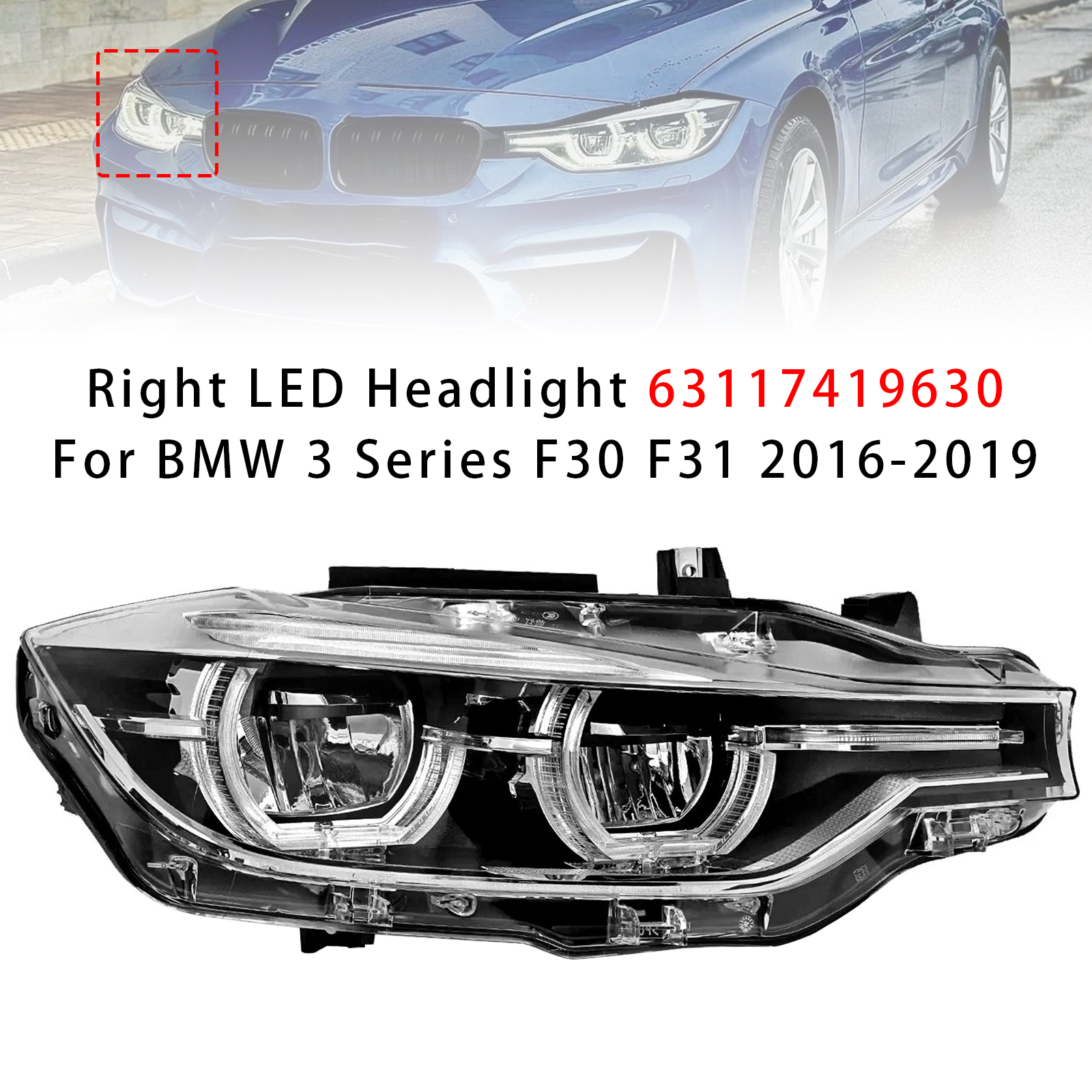 2016-2019 BMW 3 Series F30 320i 330i 340i Right LED Headlight 63117419630 Generic