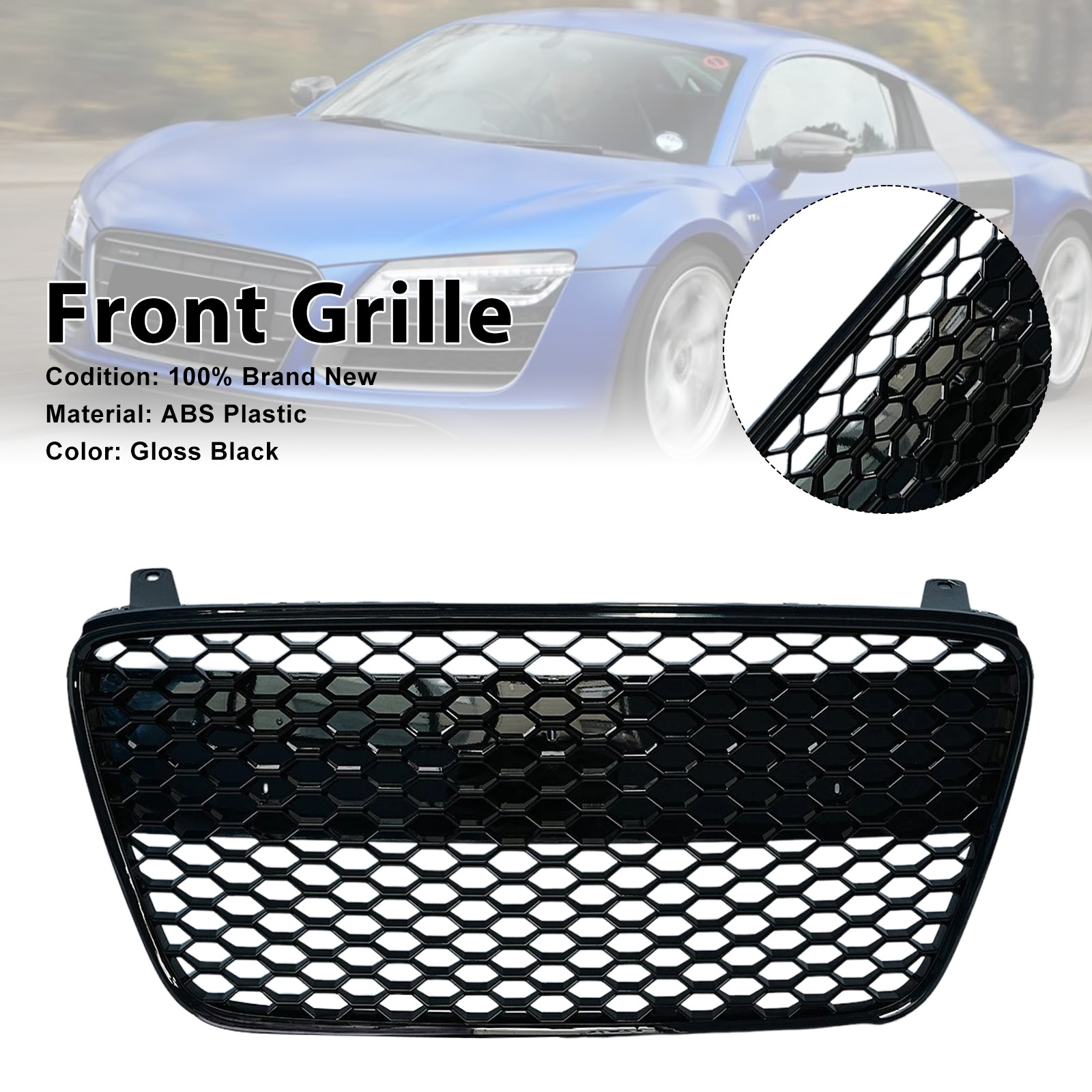 Front Henycomb Bumper Grille For 2007-2012 Audi R8 Gloss Black Generic