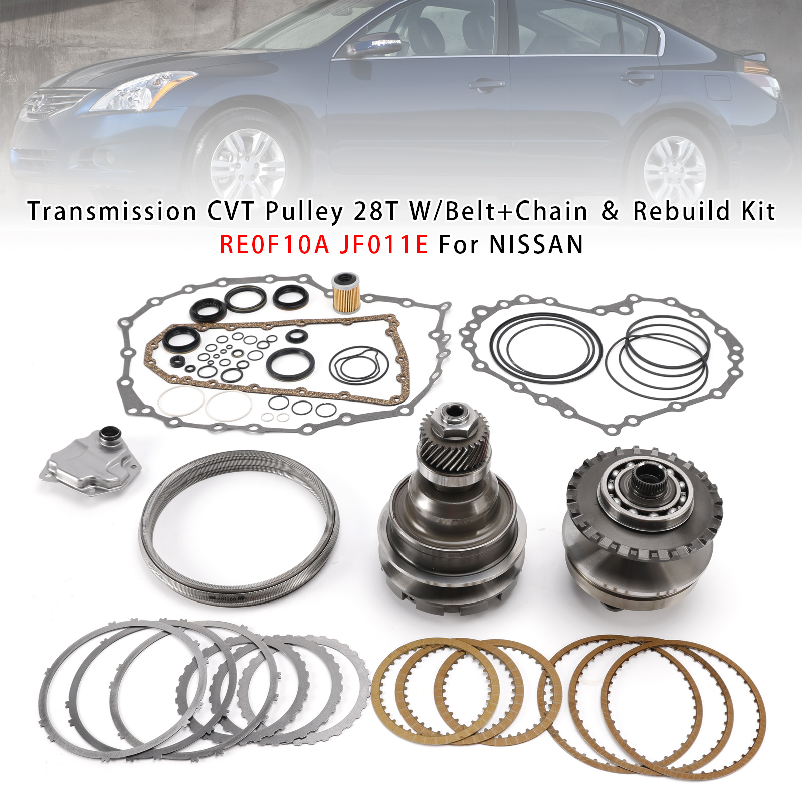 Transmission CVT Pulley 28T W/Belt+Chain ＆ Rebuild Kit RE0F10A JF011E For NISSAN