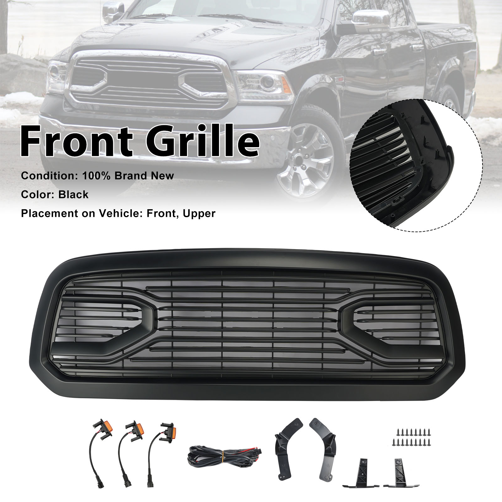 Black Big Horn Style Front Bumper Grill Grille Fit Dodge Ram 1500 2013-2018
