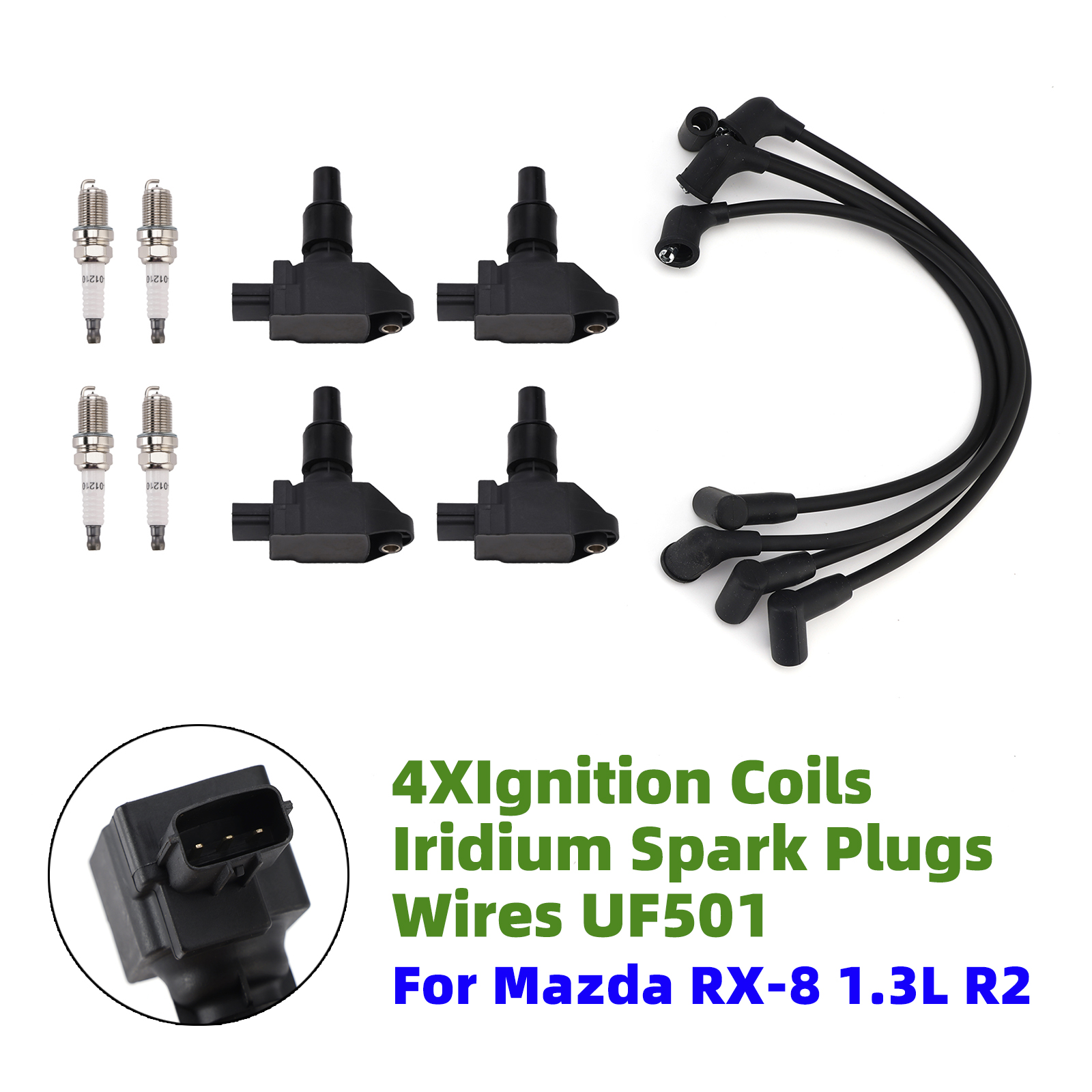 4*Ignition Coils & Iridium Spark Plugs & Wires UF501 For Mazda RX-8 1.3L R2