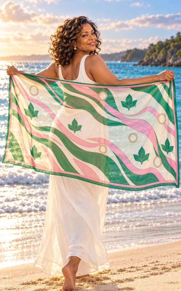 Flowing Water Chiffon Scarf in pink, green and cream, held open at the beach.